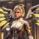 Mercy is shown standing with her staff in hand and mechanical wings spread.